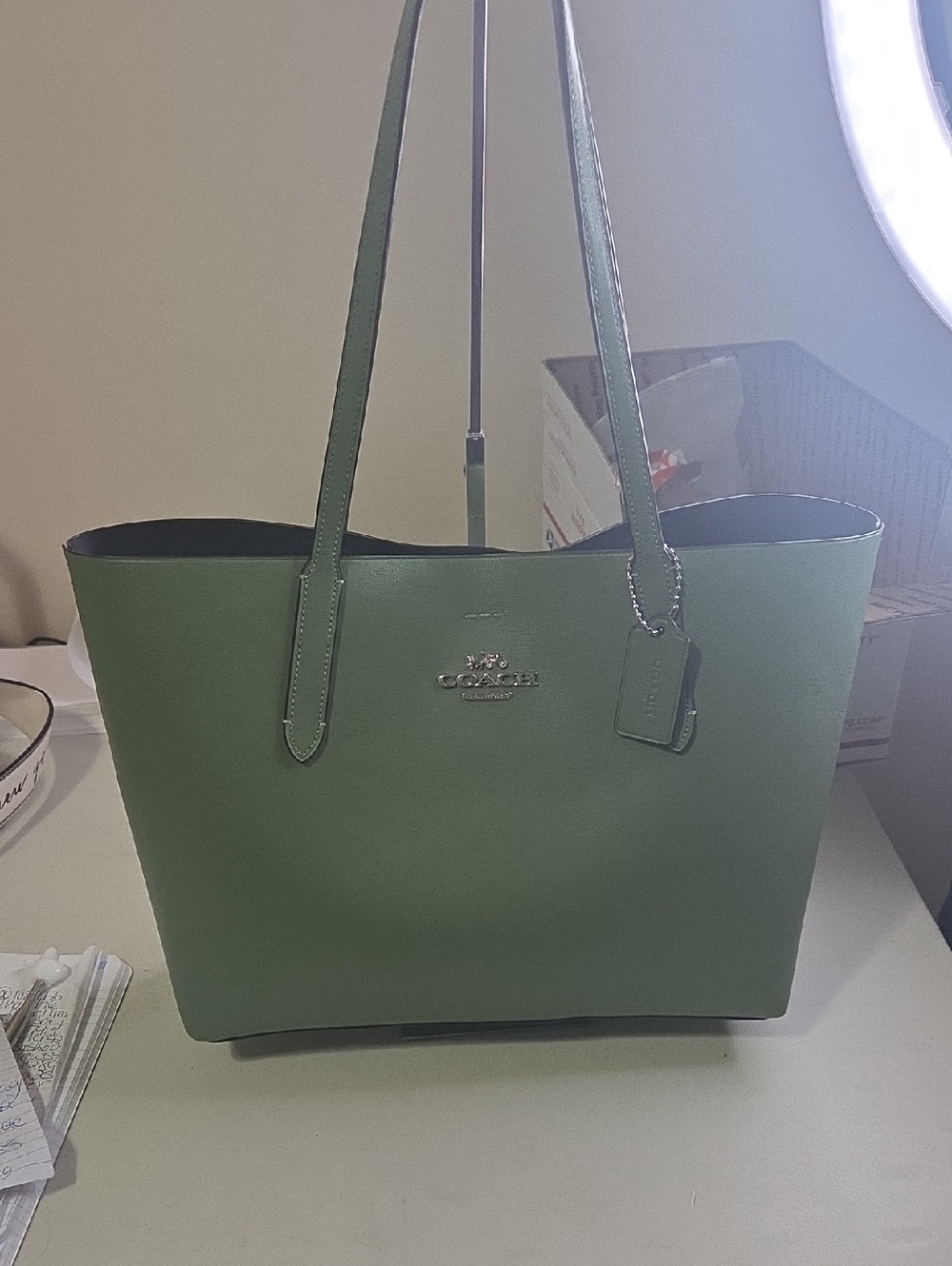 Coach Avenue  Sage Green Leather Tote with Signature Tag